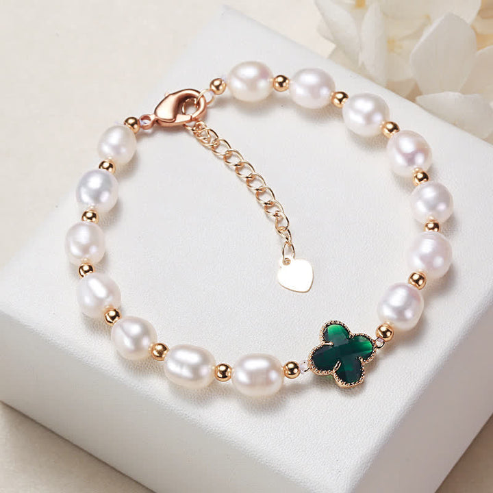 Buddha Stones Pearl Four Leaf Clover Wealth Chain Bracelet