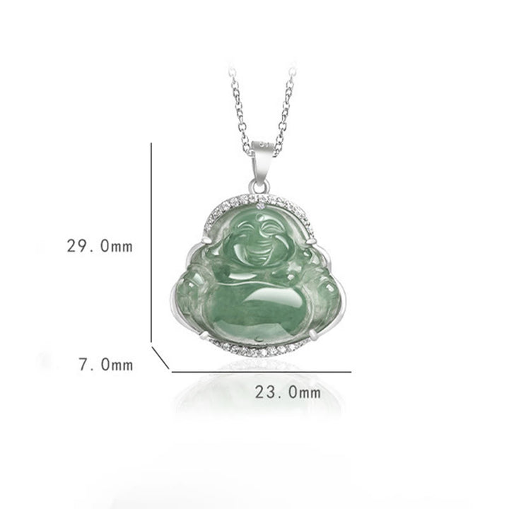 Buddha Stones 925 Sterling Silver Laughing Buddha Natural Jade Luck Prosperity Necklace Chain Pendant