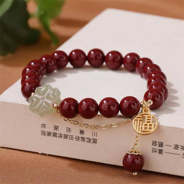 Buddha Stones Cinnabar Fu Character Hetian Jade Lucky Four Leaf Clover Blessing Bracelet