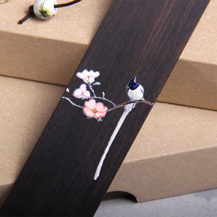 Buddha Stones Oriole Bird Flower Ebony Wood Bookmarks With Gift Box