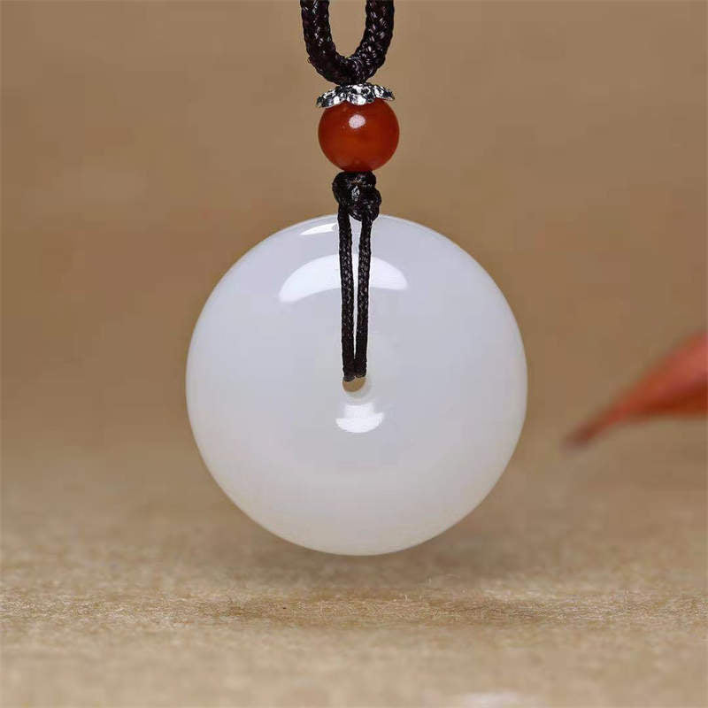 Round Hetian White Jade Peace Buckle Blessing Necklace Pendant