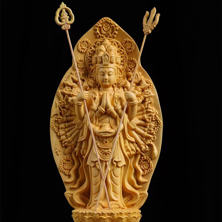 Buddha Stones Handmade Thousand-armed Avalokitesvara Kwan Yin Bodhisattva Statue Boxwood Abundance Home Decoration