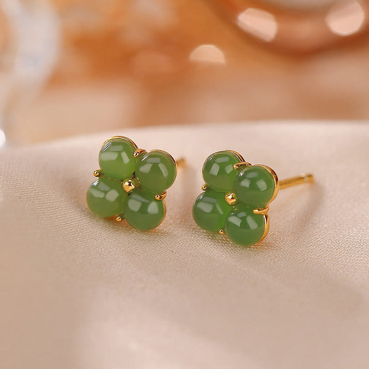 Buddha Stones 925 Sterling Silver Plated Gold Natural Cyan Jade Four Leaf Clover Luck Stud Earrings