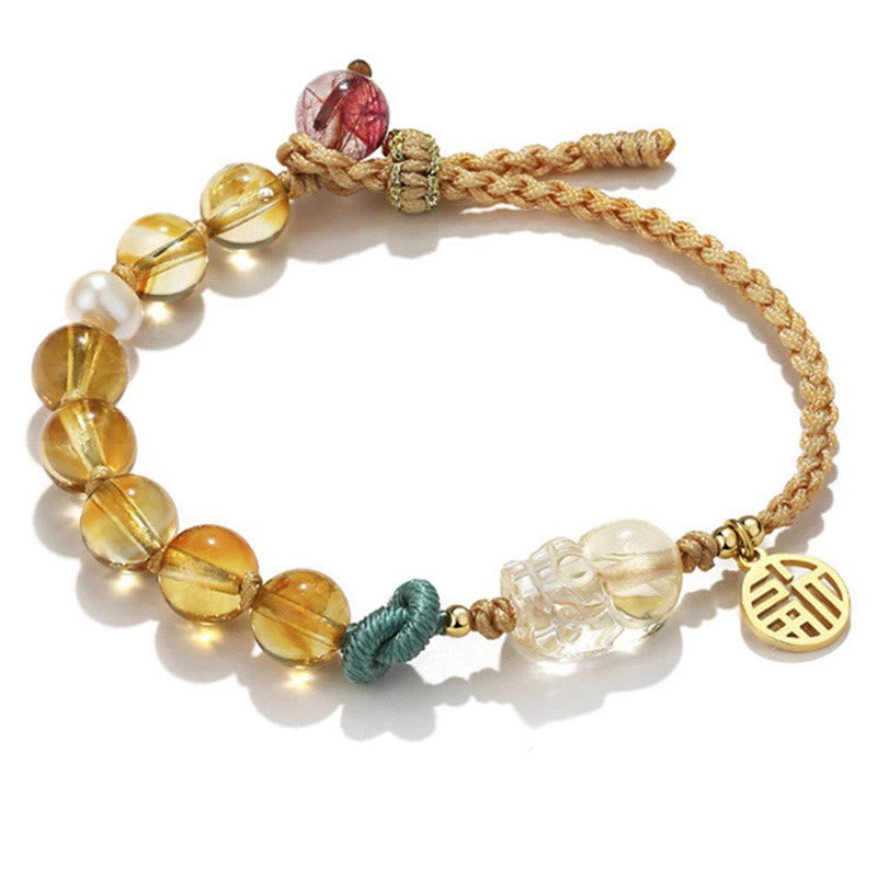 Buddha Stones Citrine PiXiu Fu Character Prosperity String Braided Bracelet