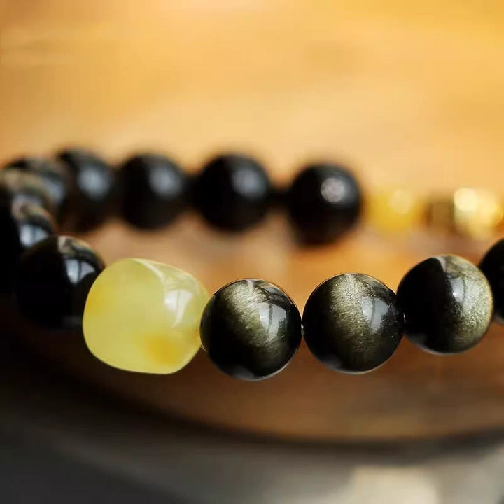 Buddha Stones 925 Sterling Silver Chinese Zodiac Natal Buddha Natural Gold Sheen Obsidian Amber Wealth Protection Bracelet