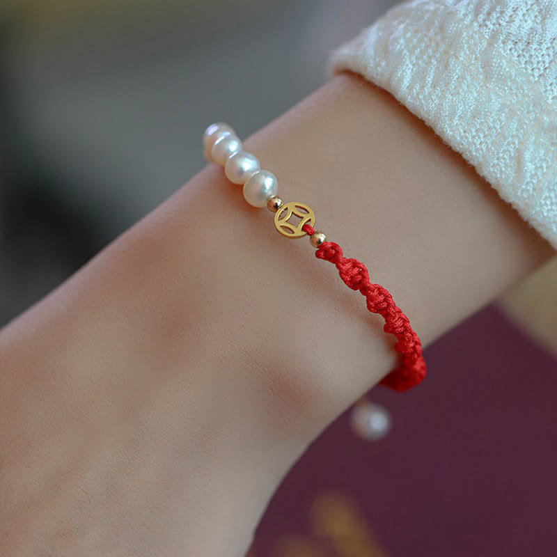 14K Gold Plated Pearl Bead Luck Protection Braid Red String Bracelet