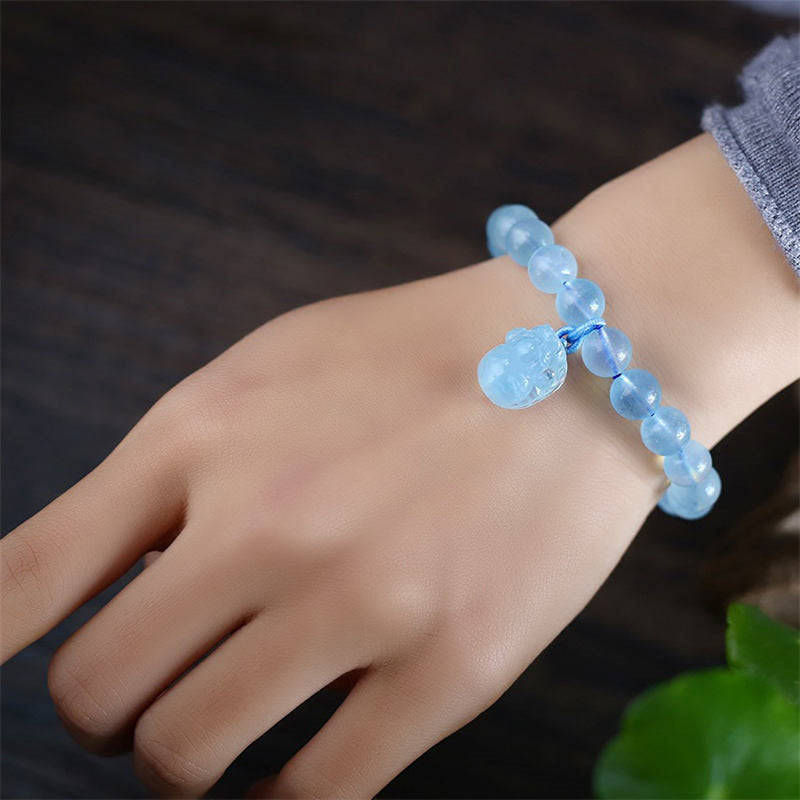 Natural Aquamarine Amber Pixiu Peace Healing Charm Bracelet