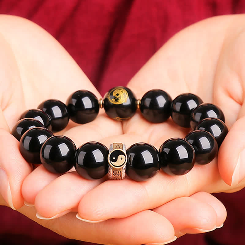 Buddha Stones 925 Sterling Silver Black Obsidian Gold Sheen Obsidian Silver Sheen Obsidian Yin Yang Protection Bracelet