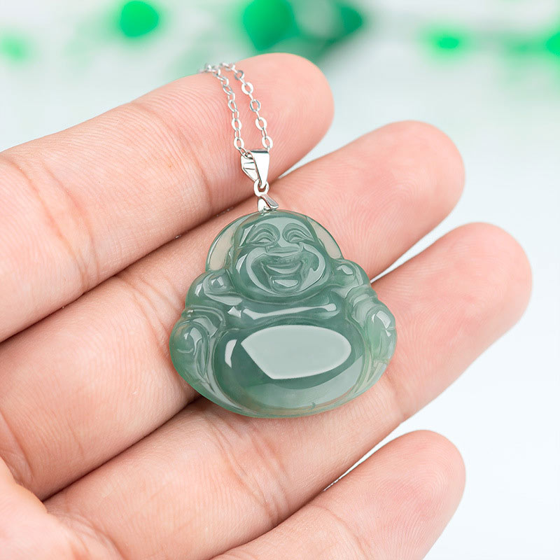 Buddha Stones 925 Sterling Silver Laughing Buddha Jade Protection Calm Necklace Chain Pendant