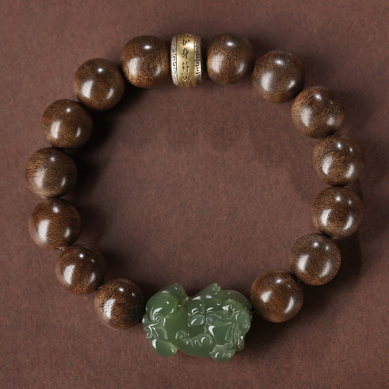 Buddha Stones 925 Sterling Silver Brunei Agarwood PiXiu Jade Peace Strength Bracelet