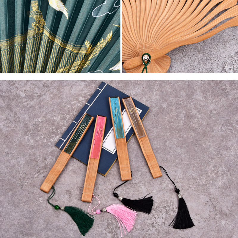 Buddha Stones Vintage Cloud Crane Pattern Handheld Bamboo Folding Fan