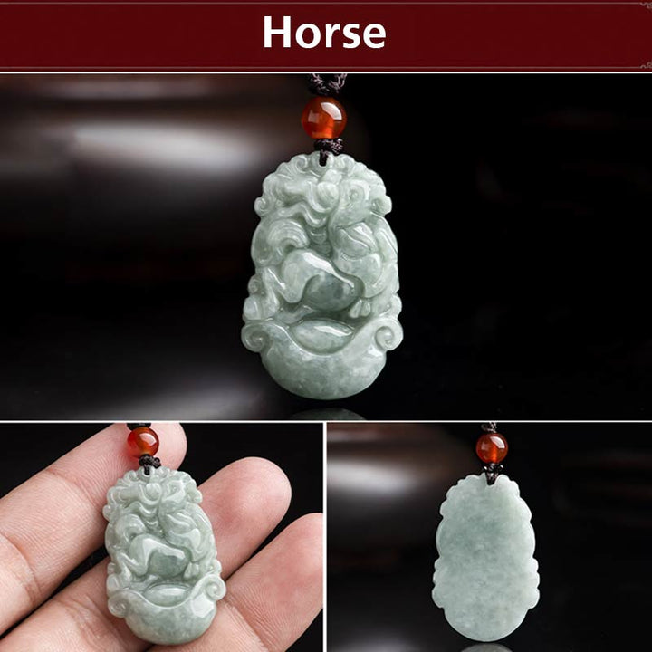 Buddha Stones Natural Jade 12 Chinese Zodiac Sucess Pendant Necklace