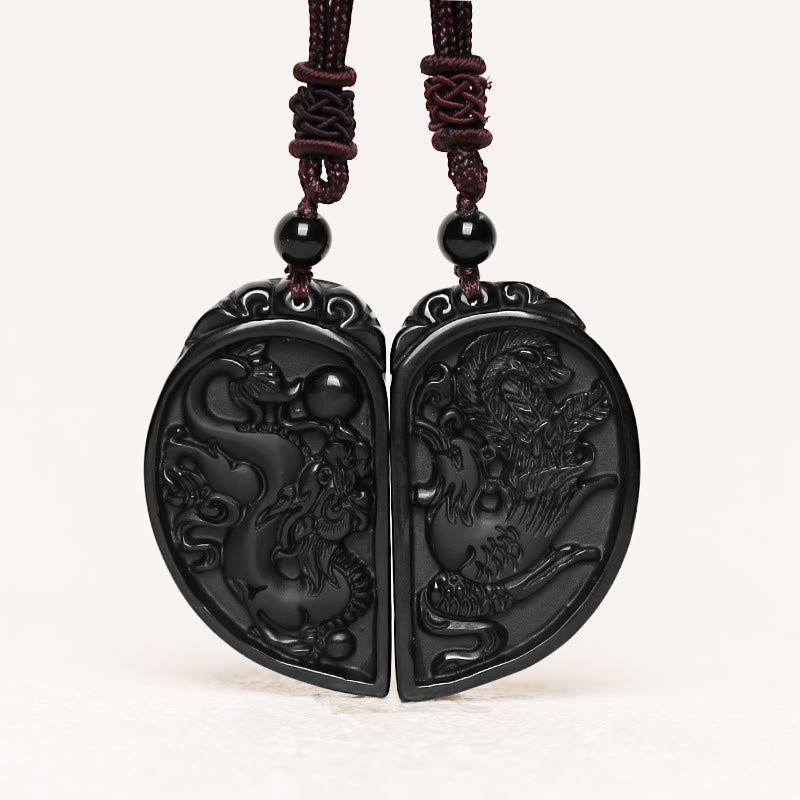 Buddha Stones Black Obsidian Love Dragon Phoenix Protection Necklace Pendant