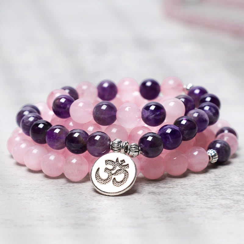 Buddha Stones Natural Rose Quartz & Amethyst Mala Bead Lotus Pendant Bracelet