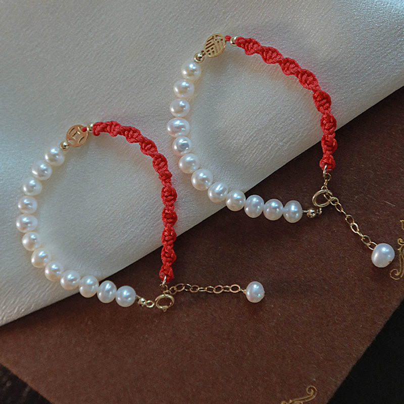 14K Gold Plated Pearl Bead Luck Protection Braid Red String Bracelet