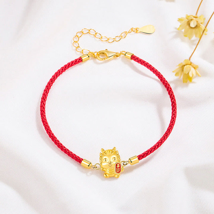 Buddha Stones 925 Sterling Silver Year Of The Dragon Lucky Golden Dragon Strength Red Rope Chain Bracelet