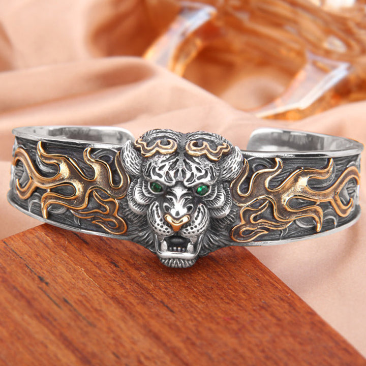 Buddha Stones 925 Sterling Silver Chinese Zodiac Tiger Keep Away Evil Spirits Bracelet Bangle