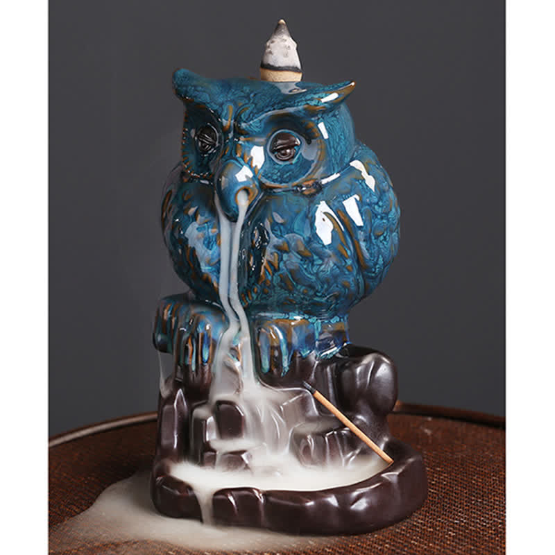 Cute Owl Ceramic Backflow Smoke Fountain Meditation Healing Incense Burner Decoration