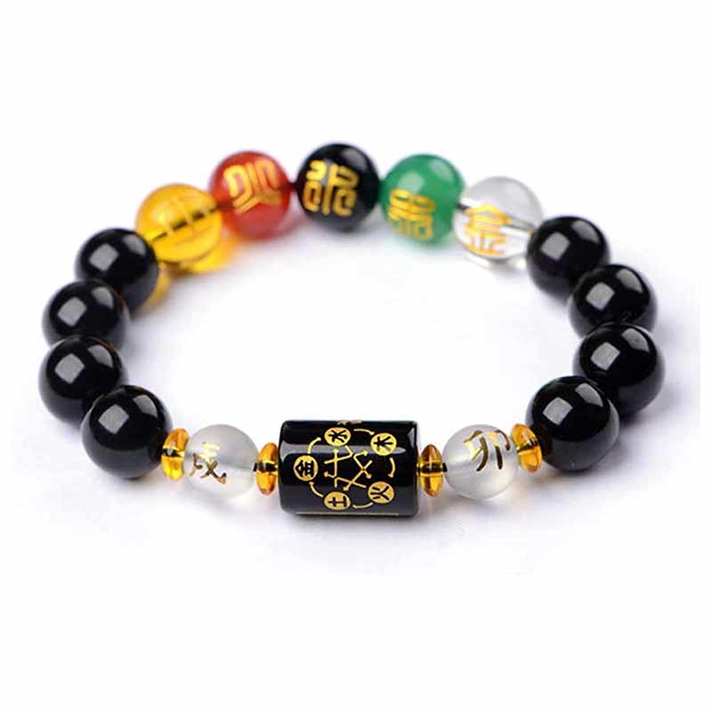 Buddha Stones Chinese Zodiac Feng Shui Obsidian Five-Element Wealth Porsperity Bracelet