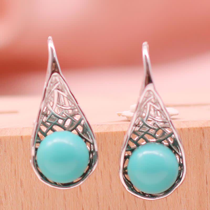 925 Sterling Silver Turquoise Beaded Pattern Protection Drop Dangle Earrings