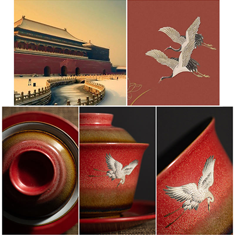 Buddha Stones Red Auspicious Crane Ceramic Gaiwan Sancai Teacup Kung Fu Tea Cup And Saucer With Lid