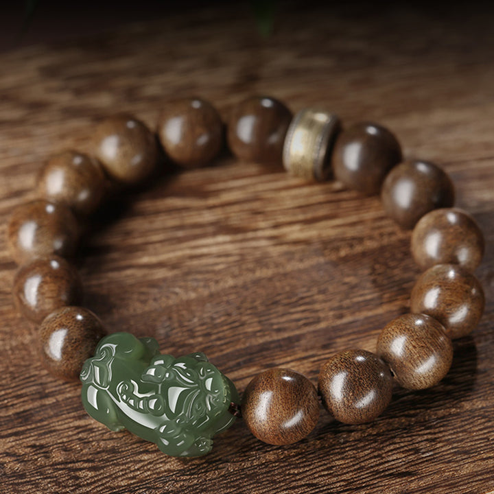 Buddha Stones 925 Sterling Silver Brunei Agarwood PiXiu Jade Peace Strength Bracelet