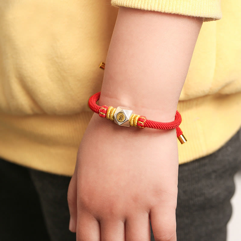 Buddha Stones 999 Sterling Silver Chinese Zodiac Natal Buddha Red Rope Luck Strength Handcrafted Kids Bracelet