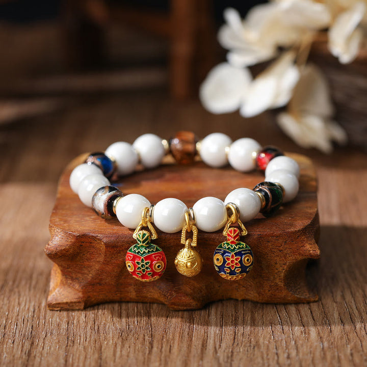 Buddha Stones Gold Swallowing Beast Family Charm Liuli Glass Colorful Porcelain Bead Luck Bracelet