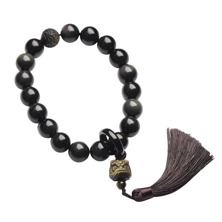 Buddha Stones Natural Black Obsidian Lion Wrist Mala Protection Tassels Pocket Mala Car Decoration