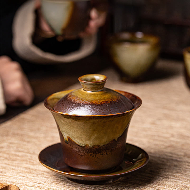 Buddha Stones Vintage Brown Kiln Change Design Porcelain Ceramic Gaiwan Sancai Teacup Kung Fu Tea Cup And Saucer With Lid