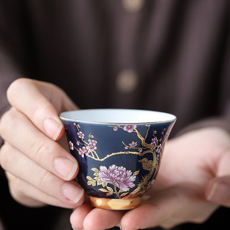 Buddha Stones Golden Magpie Peony Flower Ceramic Teacup Kung Fu Tea Cup