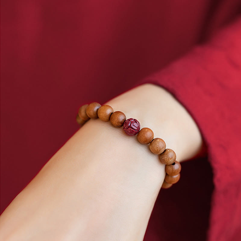 Buddha Stones Peach Wood Lotus Cinnabar Luck Wealth Bracelet