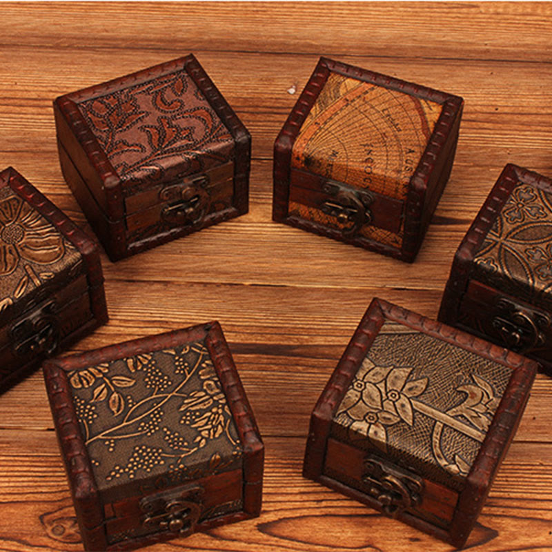 Buddha Stones Retro Small Square Wood Jewelry Box Lotus Grass Flower Grape Copper Coin Daffodil Jewelry Storage Box