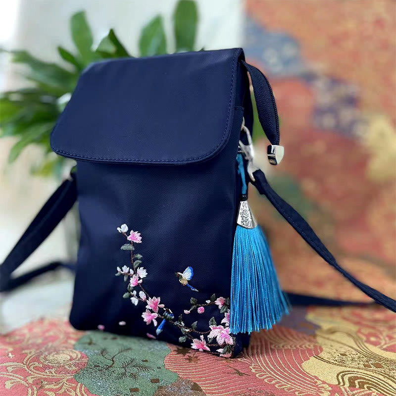 Waterproof Handmade Embroidered Lotus Flowers Crossbody Bag Shoulder Bag Cellphone Bag