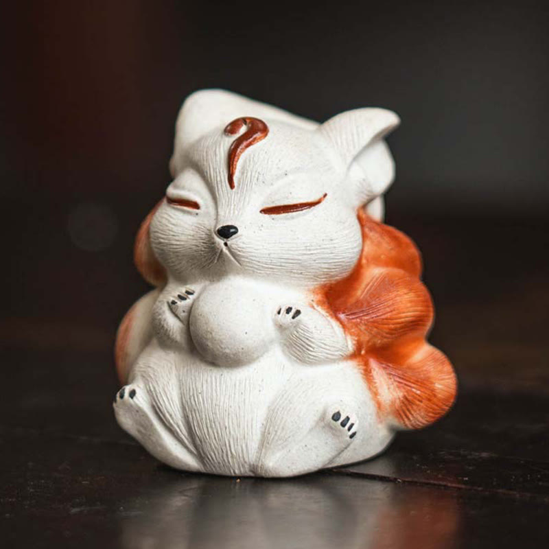 Buddha Stones Mini Nine-Tailed Fox Purple Clay Luck Desk Decoration