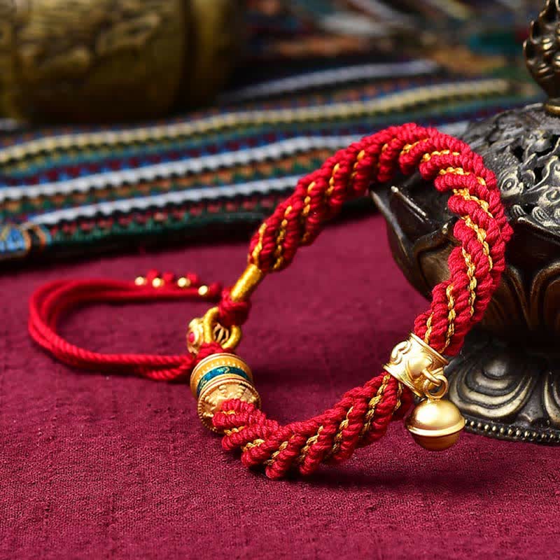 Tibetan Handmade Luck Protection Thangka Prayer Wheel Bell Charm Braid String Bracelet