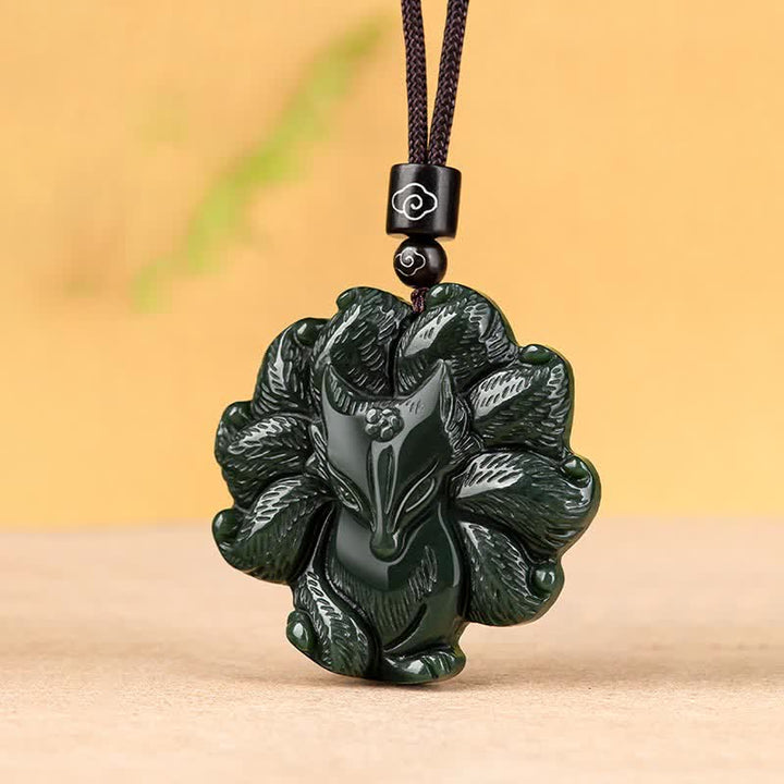 Hetian Cyan Jade Nine Tailed Fox Luck Necklace String Pendant