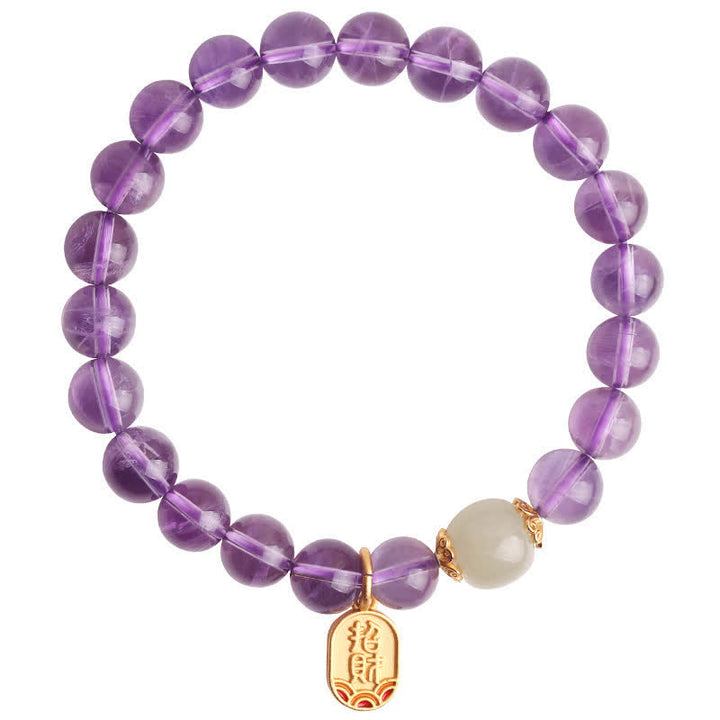 Buddha Stones Natural Amethyst Crystal Hetian Jade Healing Charm Bracelet