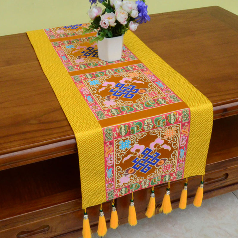 Buddha Stones Prayer Altar Mat Man-Bcu Kalachakra Endless Knot Vajra Tibetan Auspicious Symbols Tassels Table Runner