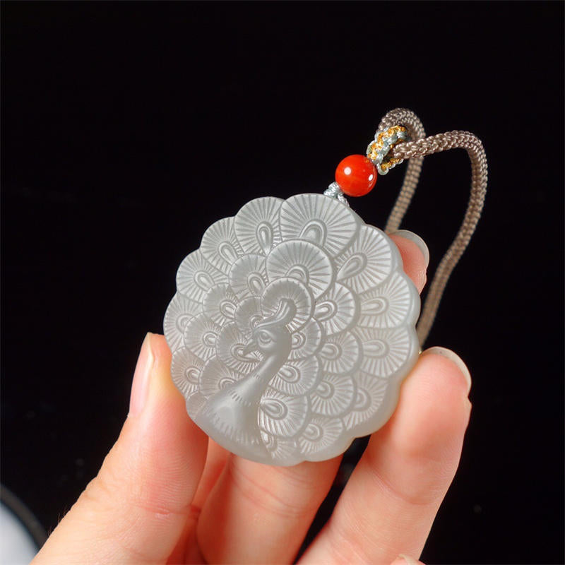 White Jade Peacock Protection Blessing Necklace Pendant