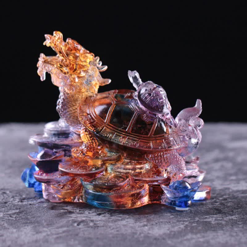 Buddha Stones Feng Shui Dragon Turtle Coins Handmade Liuli Crystal Luck Art Piece Home Office Decoration