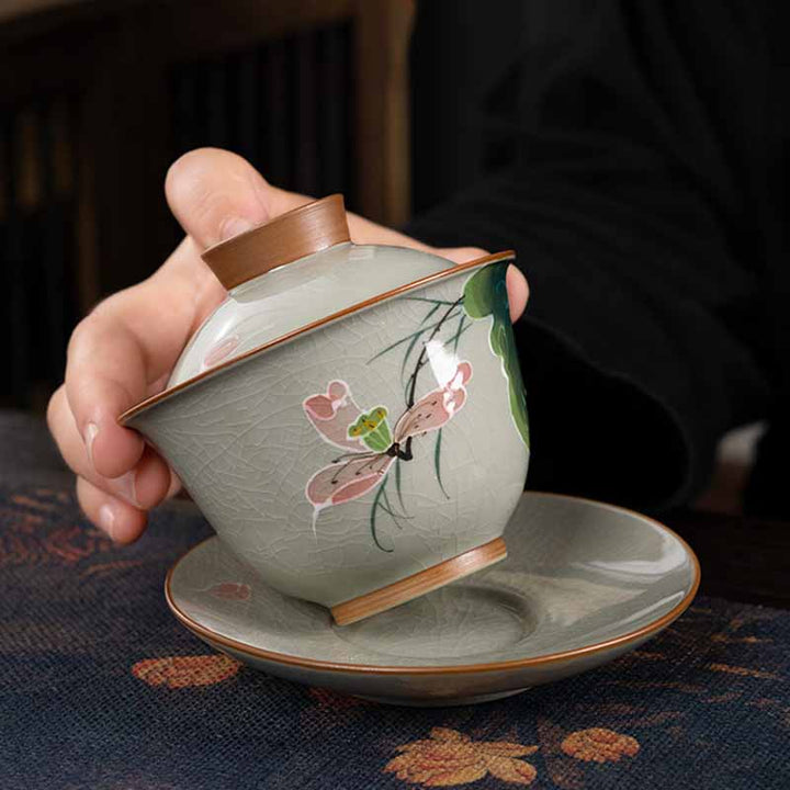 Buddha Stones Lotus Koi Fish Pod Leaf Ceramic Gaiwan Sancai Teacup Kung Fu Tea Cup And Saucer With Lid 140ml