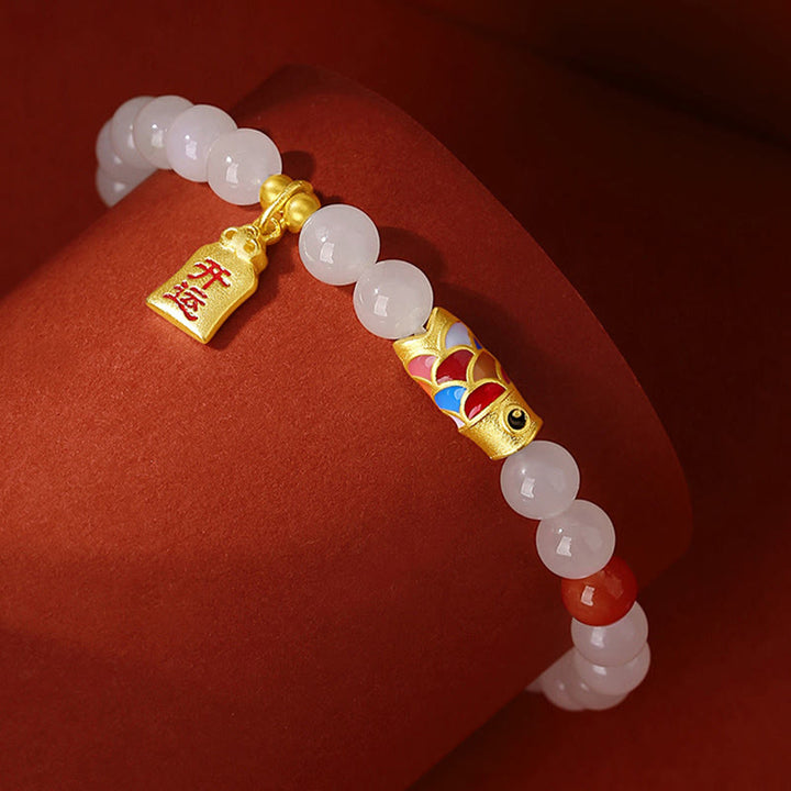 Buddha Stones 925 Sterling Silver Hetian White Jade Red Agate Koi Fish Luck Happiness Bracelet