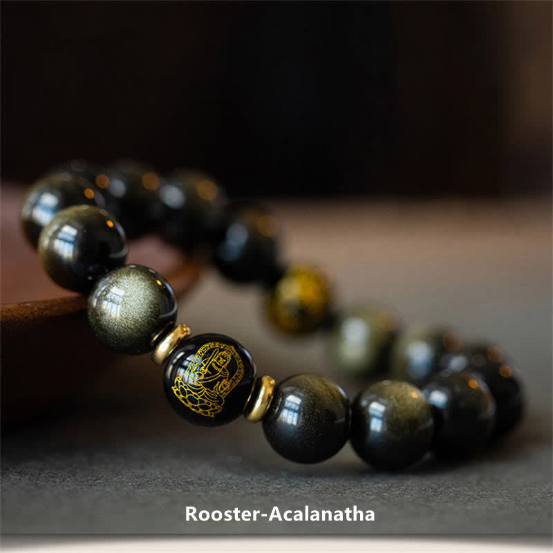 Chinese Zodiac Natal Buddha Gold Sheen Obsidian Wealth Protection Bracelet