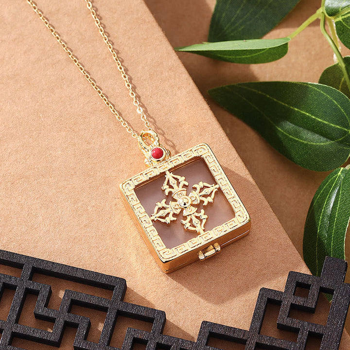 24K Gold Plated White Jade Double Dorje Protection Luck Necklace Pendant