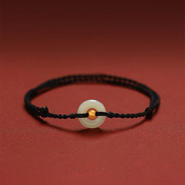 Buddha Stones 999 Gold Bead Round Peace Buckle Hetian Jade Luck Abundance Braided Bracelet Anklet