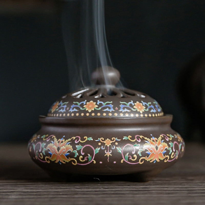 Dragon Floral Pattern Backflow Smoke Fountain Ceramic Meditation Incense Burner Decoration