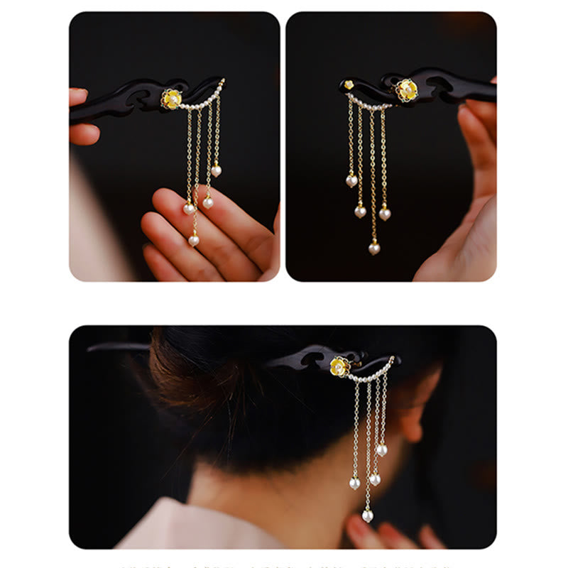 Buddha Stones Ebony Wood Yellow Flower Pearl Tassels Hairpin