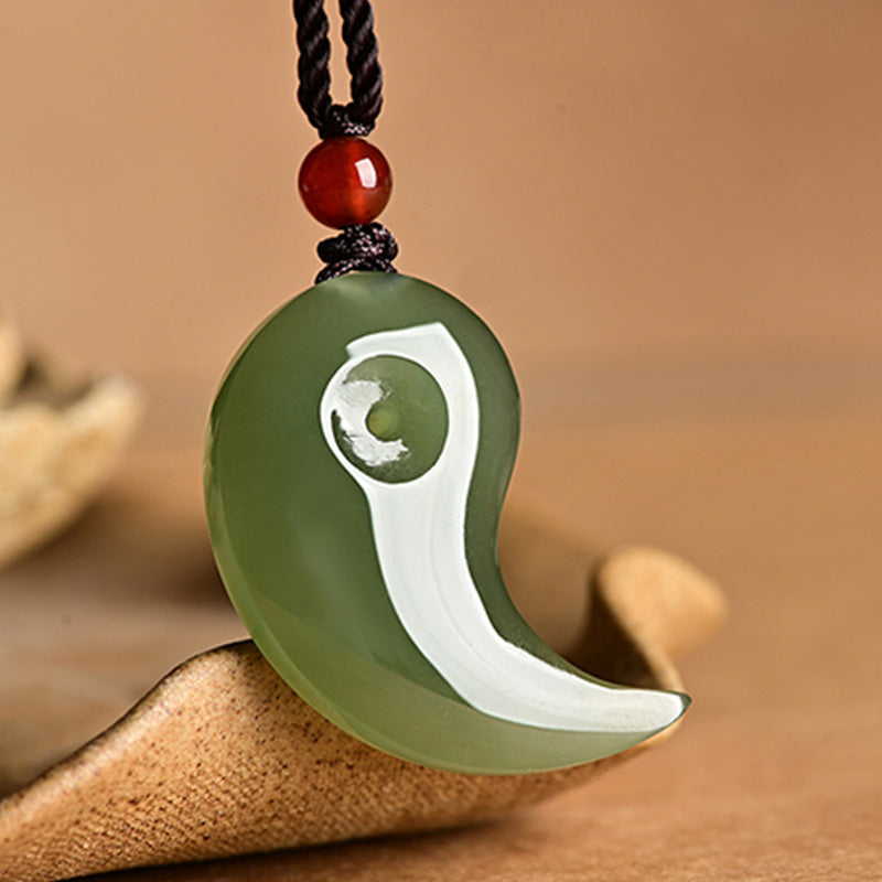 Yin Yang White Jade Cyan Jade Protection Blessing Necklace String Pendant