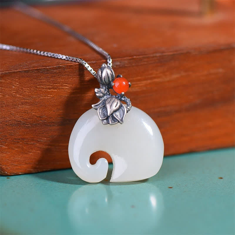 White Jade Elephant Lotus Protection Necklace Pendant